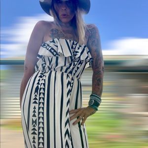 Peach Love Cream boho strapless cream & black pattern ruffle bust maxi dress